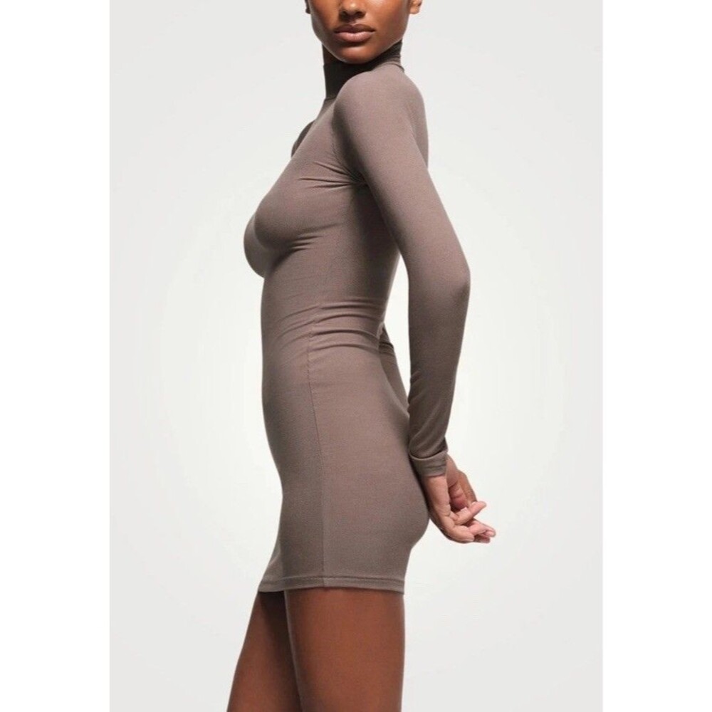 SKIMS Brown Ribbed Turtleneck Bodycon Mini Dress Size L Modal Stretch